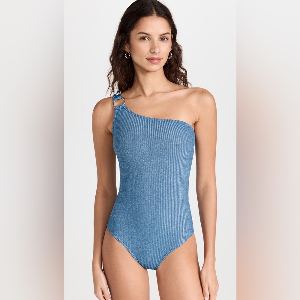 Shoshanna swimwear ring one‎ shoulder one piece swim suit blue shimmer